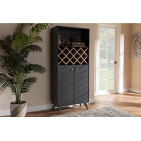 Baxton Studio SEWC16001WI-Dark Grey/Hana Oak Serafino Mid-Century Modern Dark Grey and Oak Finished Wood Wine Cabinet